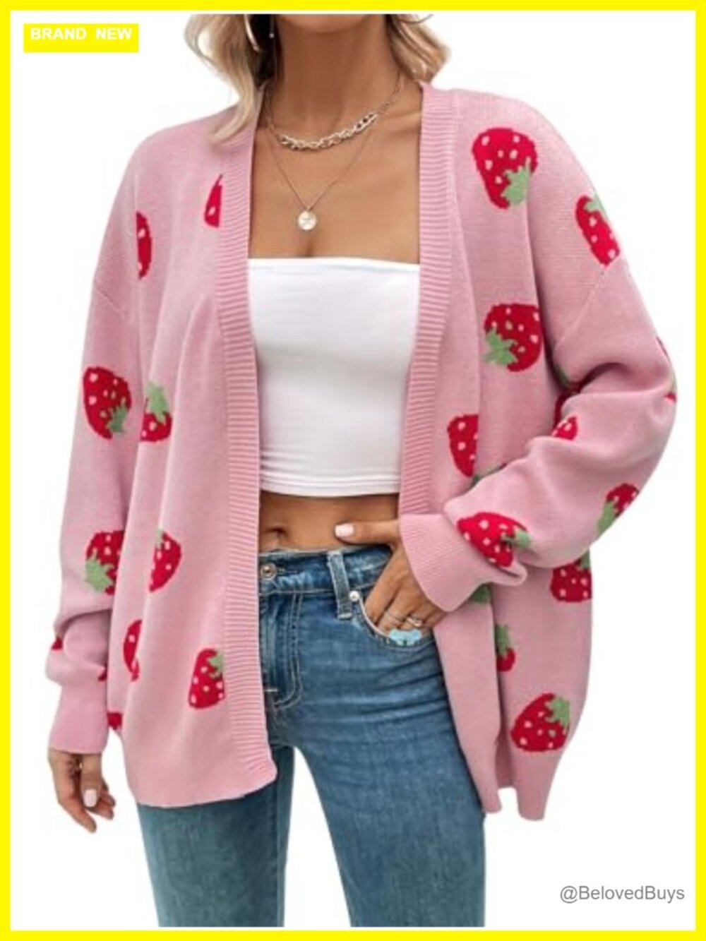 Women's Strawberry Print Knit Cardigan Loose Slouchy Open Front Sweater